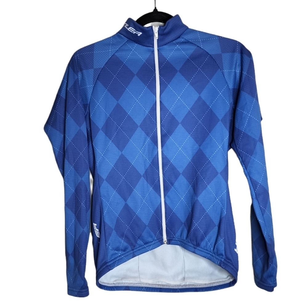 Voler Cycling Full Zip Long Sleeve Jersey Blue Argyle Harlequin Plaid Small